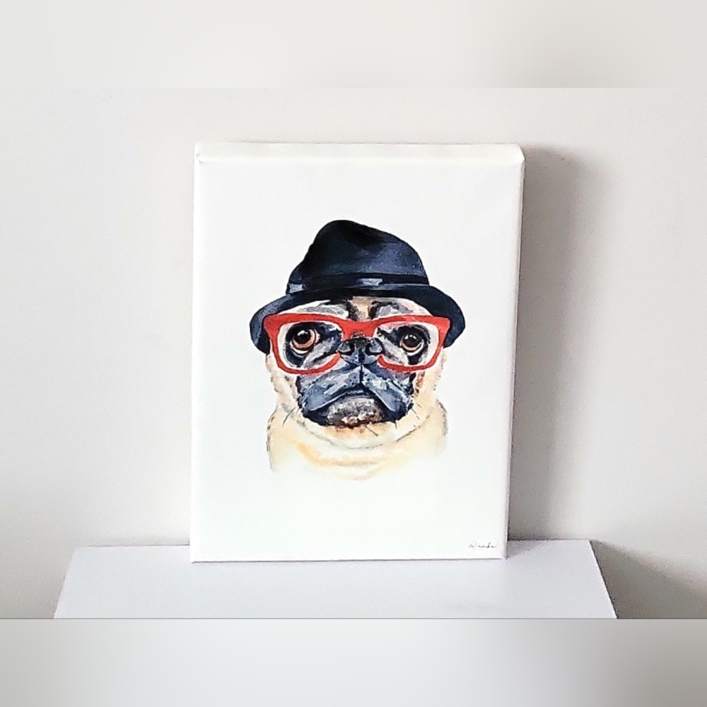 Deidre Wicks Hand Embelished Giclee of Dapper Pug  Illustration. 12 X 16 Inches